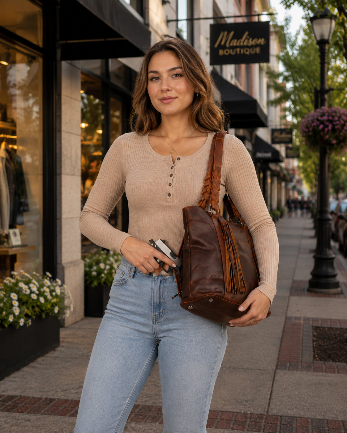 A woman wearing a beige long-sleeve top and light blue jeans carries a large brown leather tote bag with tassel fringe on a city sidewalk carrying The Bella Concealed Carry Tote in Cognac