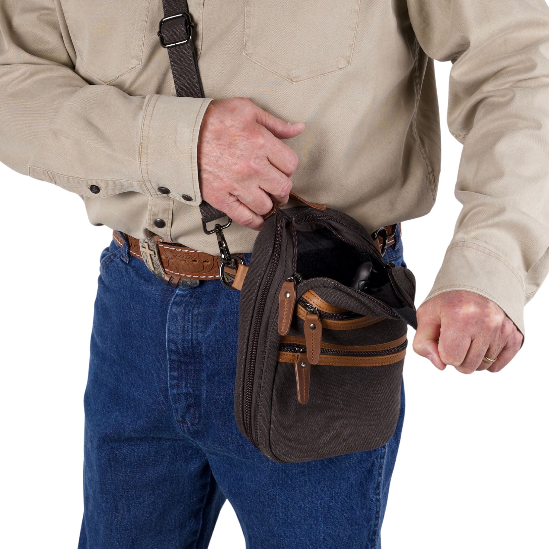 Tactical unisex Jax bag, concealed carry crossbody with secure canvas, Velcro holster