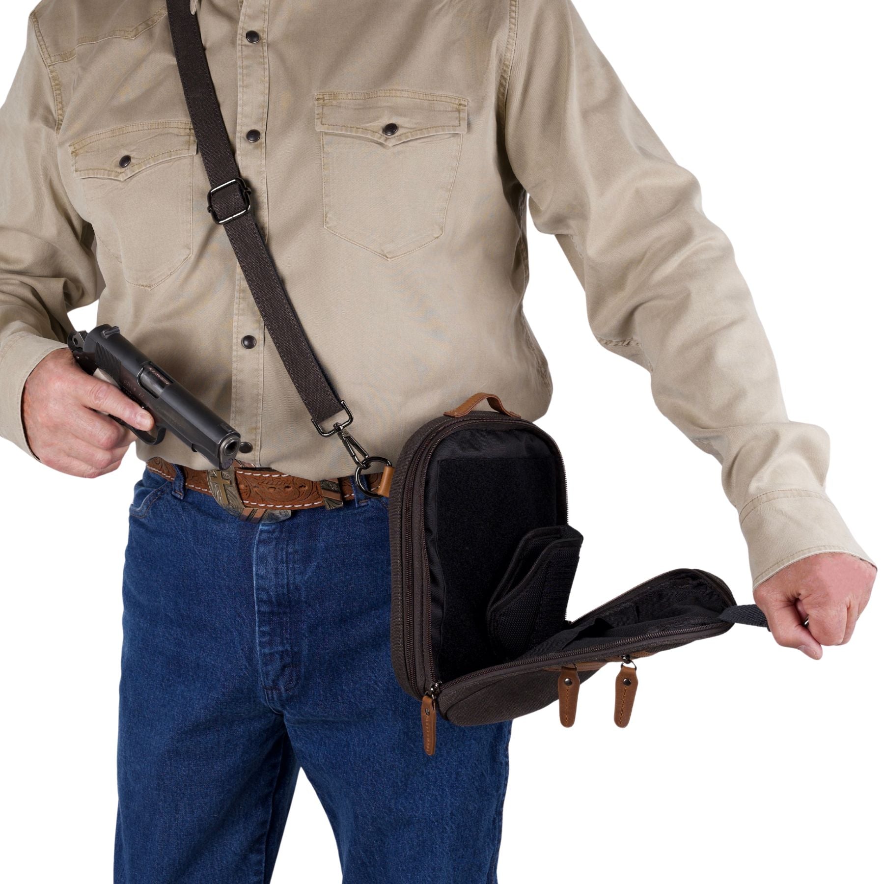 Tactical unisex Jax bag, concealed carry crossbody with secure canvas, Velcro holster