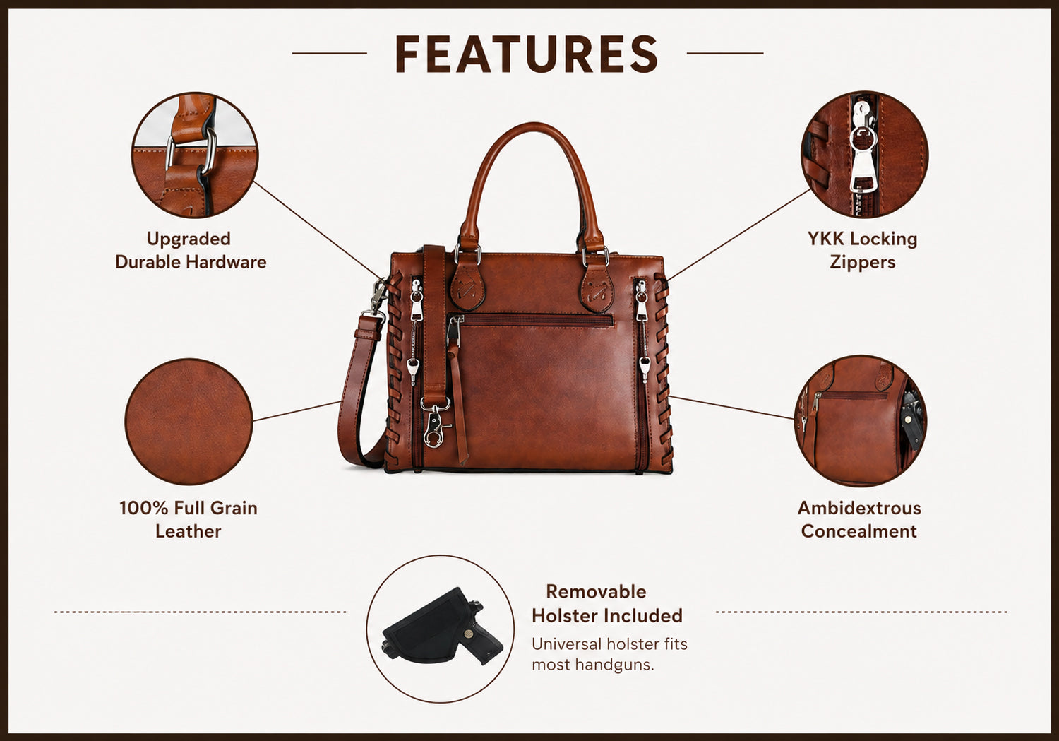 Concealed Carry Emma Leather Satchel - Designer Concealed Carry Purse - YKK Locking Purse with Universal Holster - Leather Bag For Gun Owners - Easy Conceal Carry - CCW Purse for Women - concealed carry Handbag for woman - Conceal and Carry purse for Handgun - Designer Luxury Conceal Carry Handbag - Unique Hide Handbag Gun and Pistol Bag - carry Handbag for concealed gun carry - Unique Emma