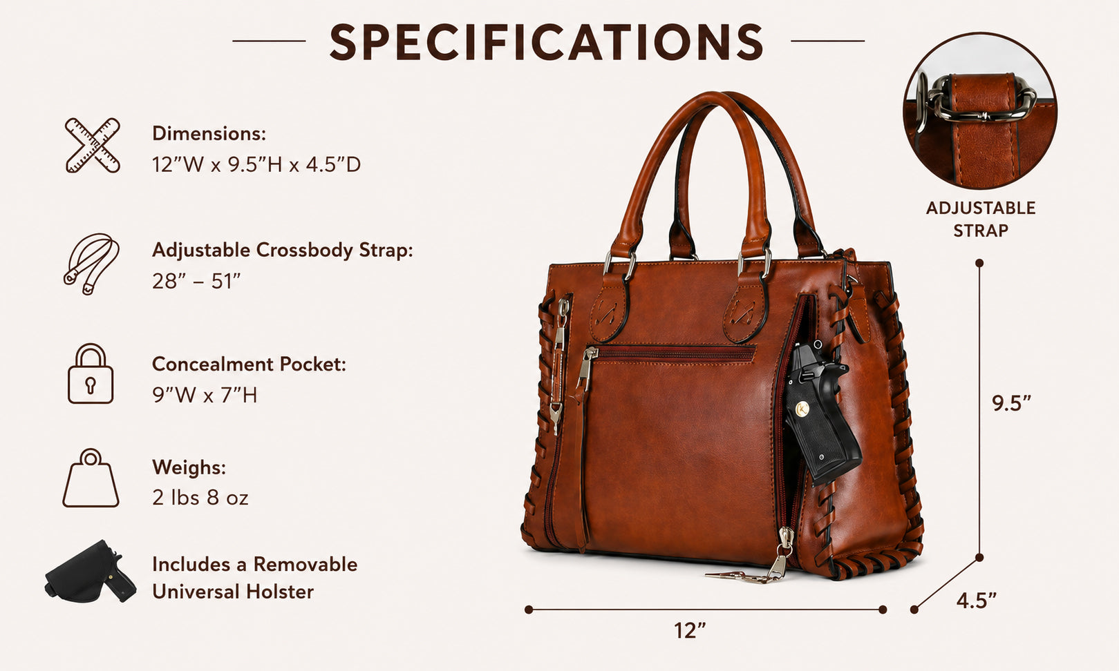 concealed Carry Emma Leather Satchel - Designer Concealed Carry Purse - YKK Locking Purse with Universal Holster - Leather Bag For Gun Owners - Easy Conceal Carry - CCW Purse for Women - concealed carry Handbag for woman - Conceal and Carry purse for Handgun - Designer Luxury Conceal Carry Handbag - Unique Hide Handbag Gun and Pistol Bag - carry Handbag for concealed gun carry - Unique Emma
