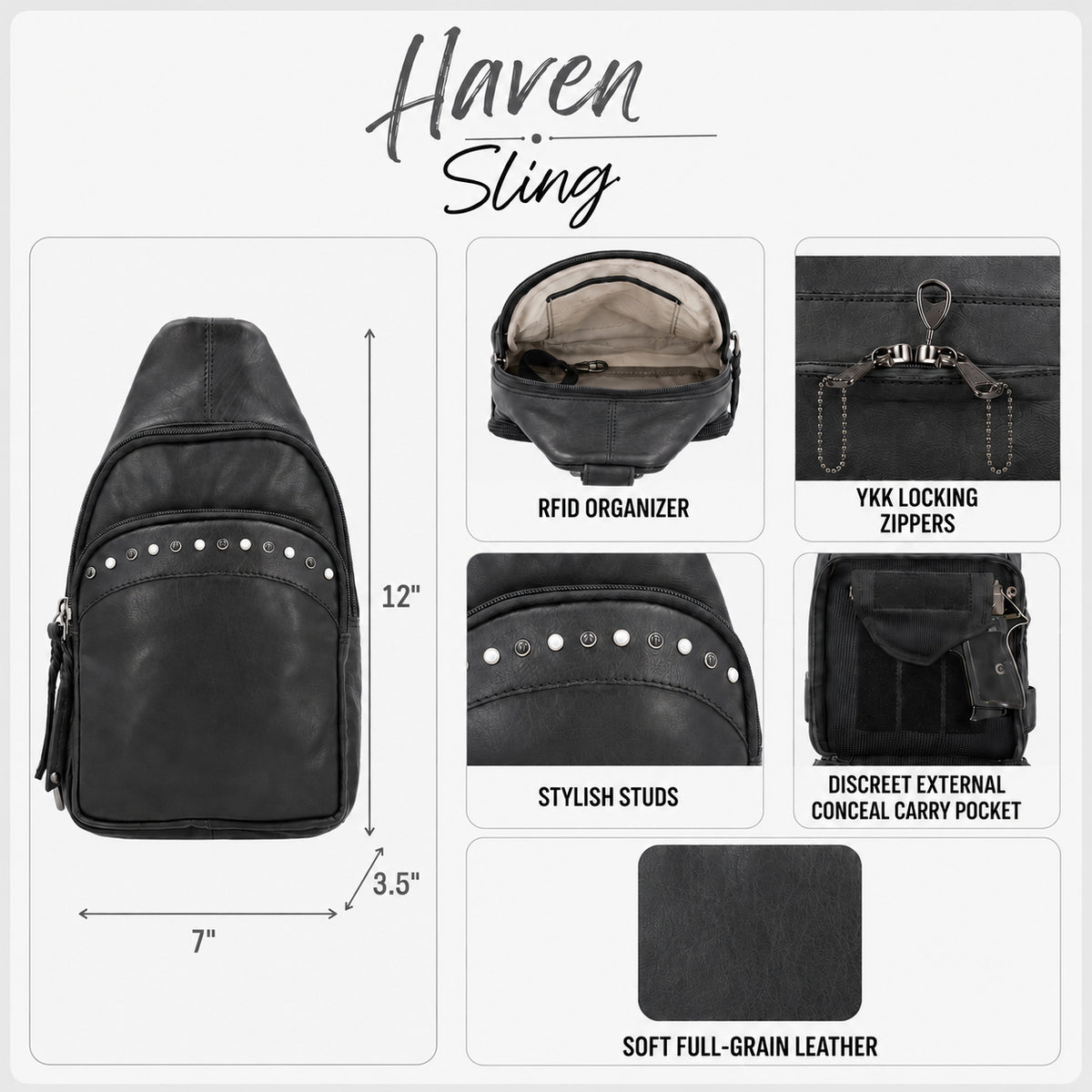 Concealed Carry Haven Sling Leather Backpack by Lady Conceal - Jeweled Leather Backpack -Universal Holster Backpack - Leather Gun Safe Bag - Ambidextrous - Tactical ED Carry Bag- CCW Purse - Womens Gun Bag - Ambidextrous Concealed Carry - Locking Gun Safe - Lady Concealed Carry