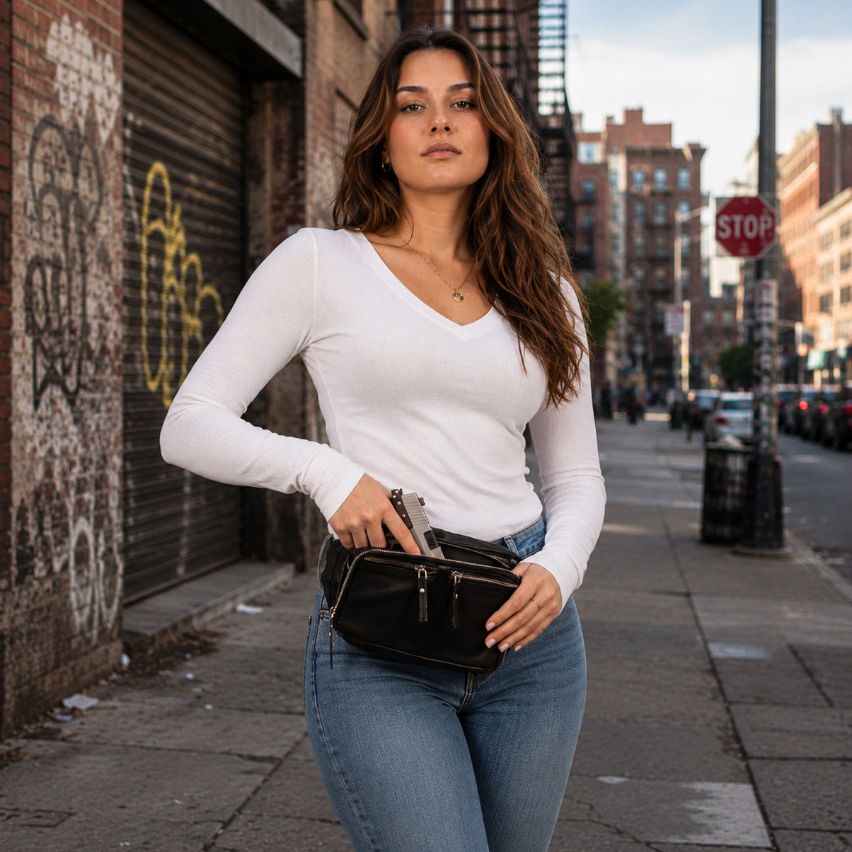 Unisex fanny pack Gun Leather Bag, Gun belt bag for men and women, Universal Holster Gun Bag, Concealed Carry Jessie Unisex Lambskin Belt Bag, DS Conceal, Outdoor Conceal Carry, best gun carrying sling, best gun carrying fanny pack