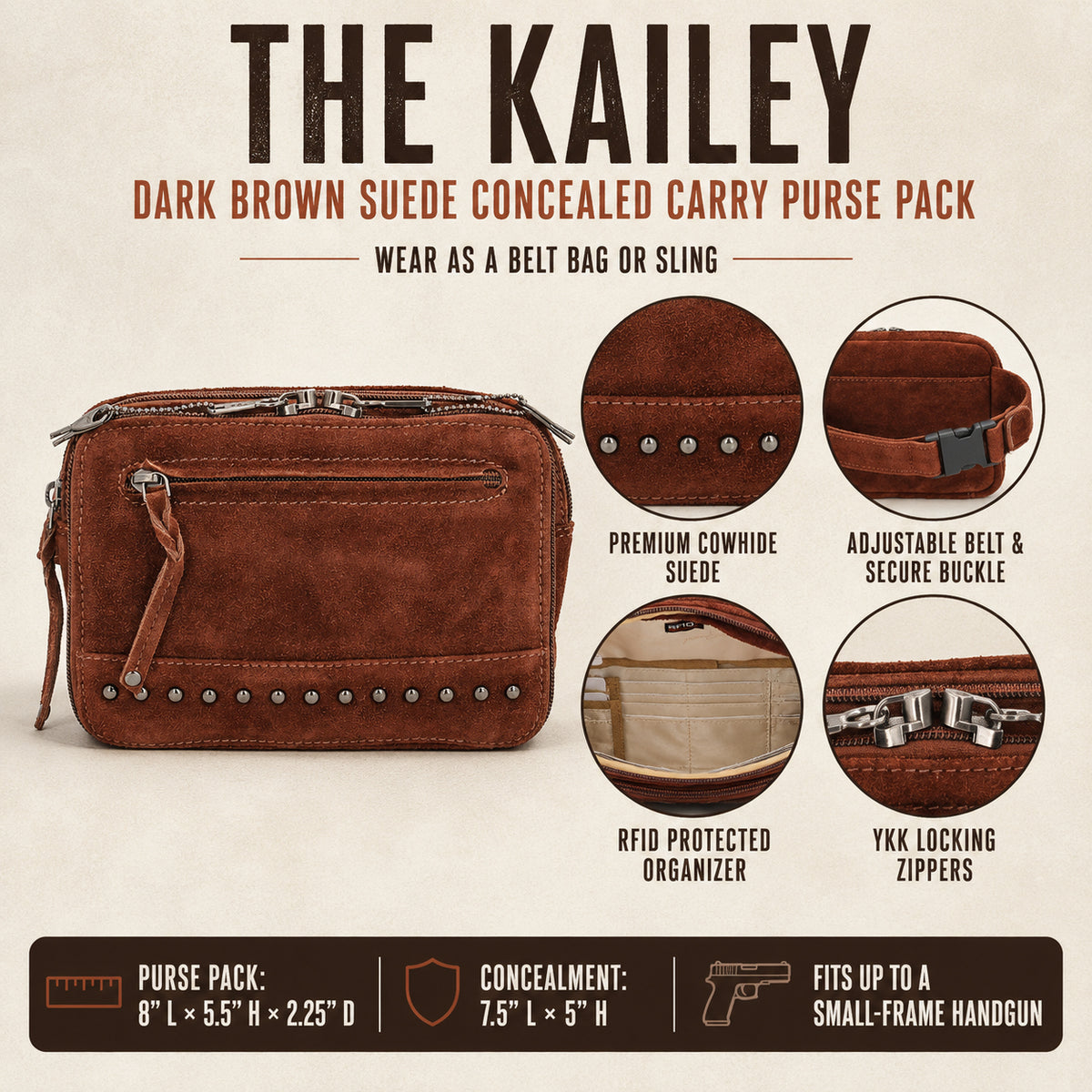 The Kailey Dark Brown Suede Concealed Carry Purse Pack