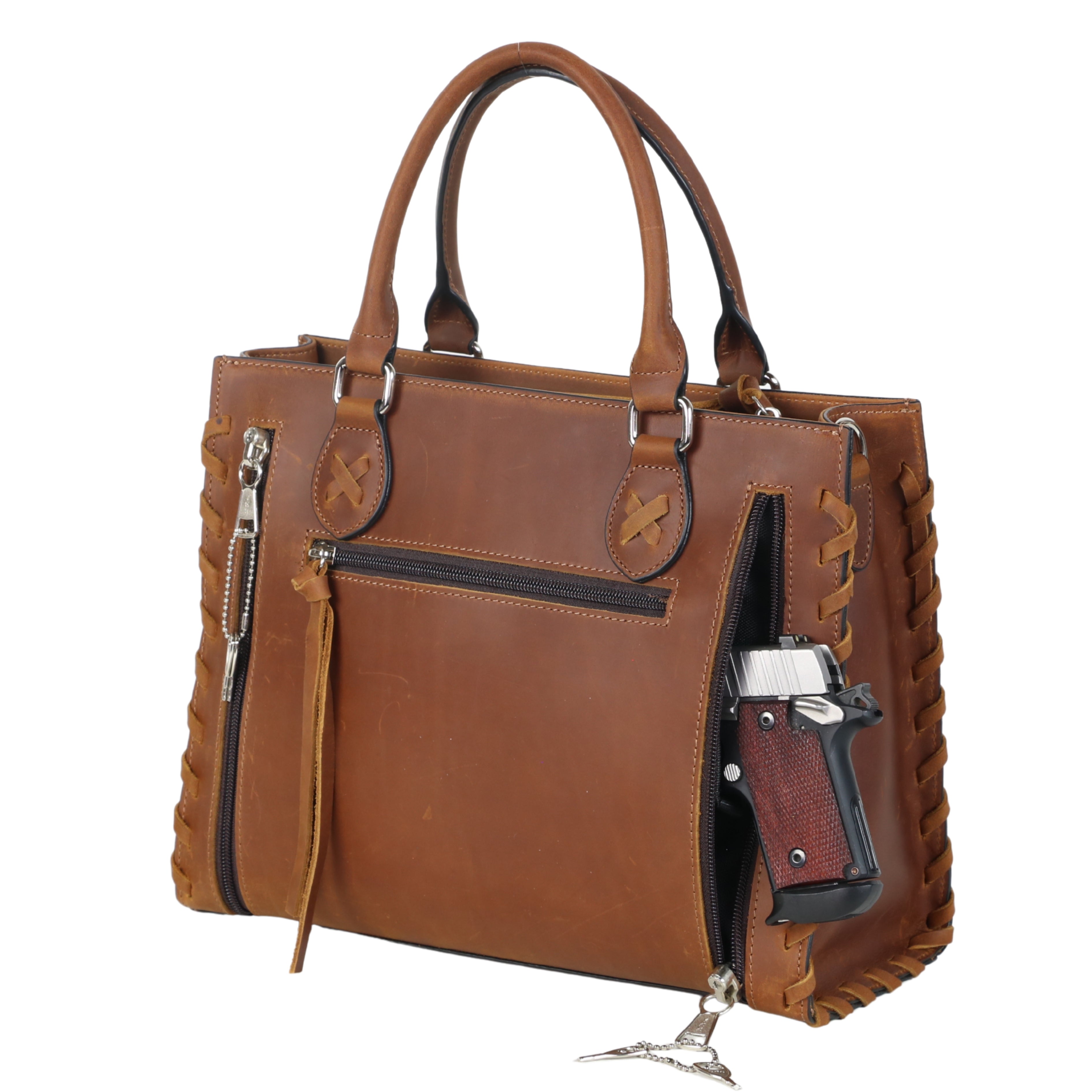 Concealed Carry Emma Leather Satchel - Designer Concealed Carry Purse - YKK Locking Purse with Universal Holster - Leather Bag For Gun Owners - Easy Conceal Carry - CCW Purse for Women - Conceal and Carry purse for Handgun - Designer Luxury Conceal Carry Handbag - Handbag Gun and Pistol Bag - Handbag for concealed gun - Hidden Gun Bag