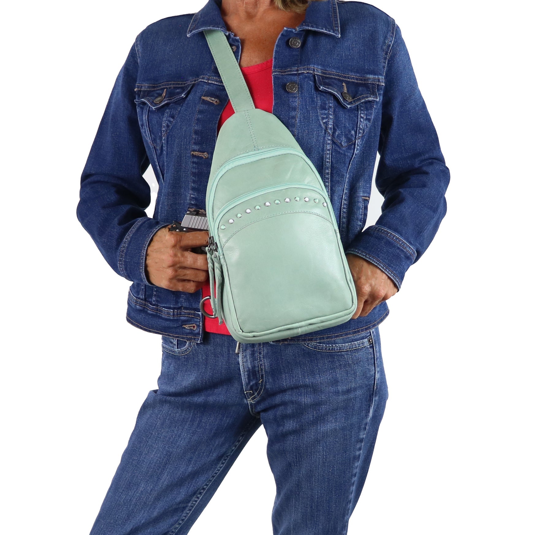 Concealed Carry Haven Sling Leather Backpack by Lady Conceal - Jeweled Leather Backpack -Universal Holster Backpack - Leather Gun Safe Bag - Ambidextrous - Tactical ED Carry Bag- CCW Purse - Womens Gun Bag - Ambidextrous Concealed Carry - Locking Gun Safe - Lady Concealed Carry