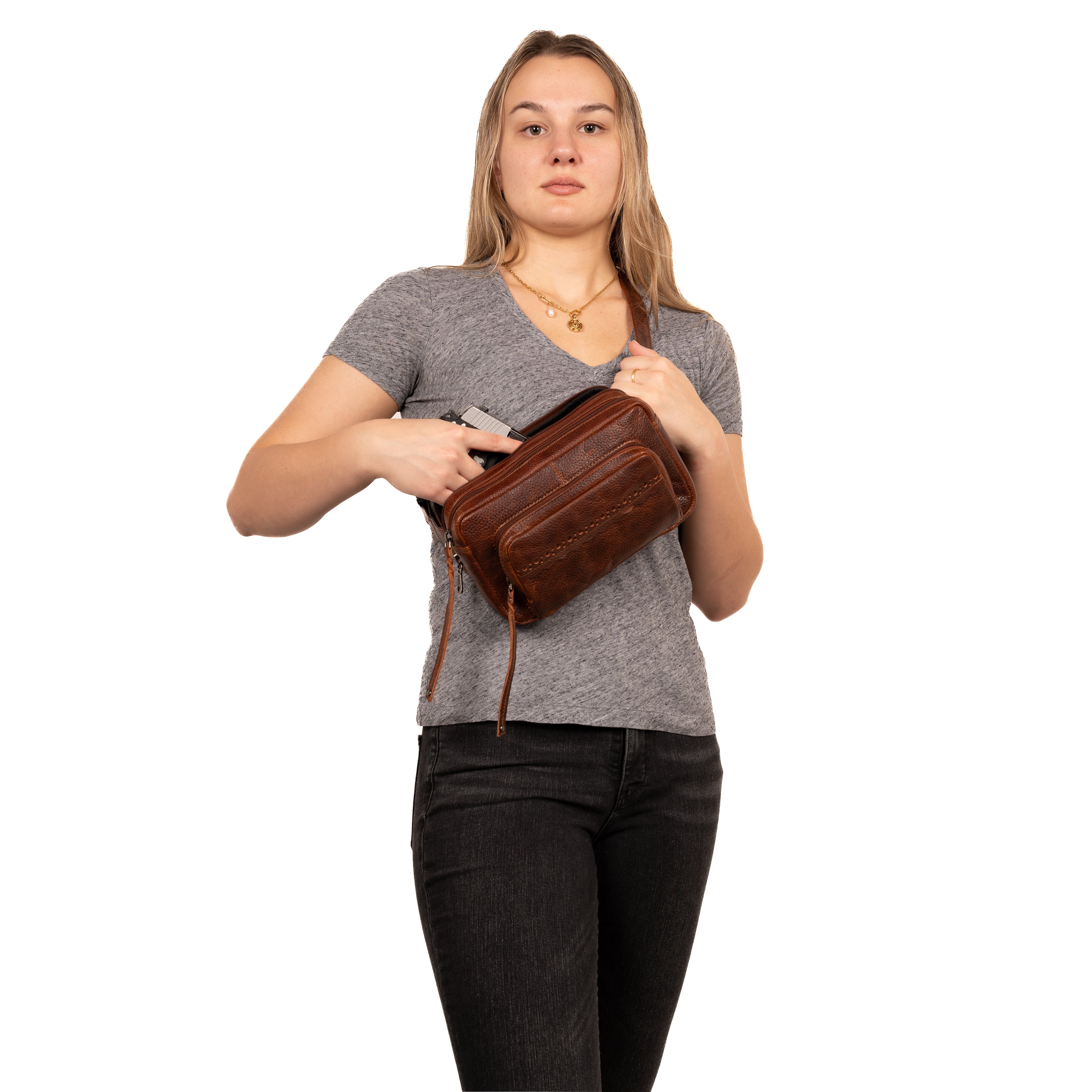 Concealed Carry Laney Buffalo Belt Bag by Lady Conceal - Firearm Belt Bag for Women and Men -Tactical Leather Pistol Crossbody - Anti Theft Locking Bag with Universal Holster - Handgun Leather CCW Velcro