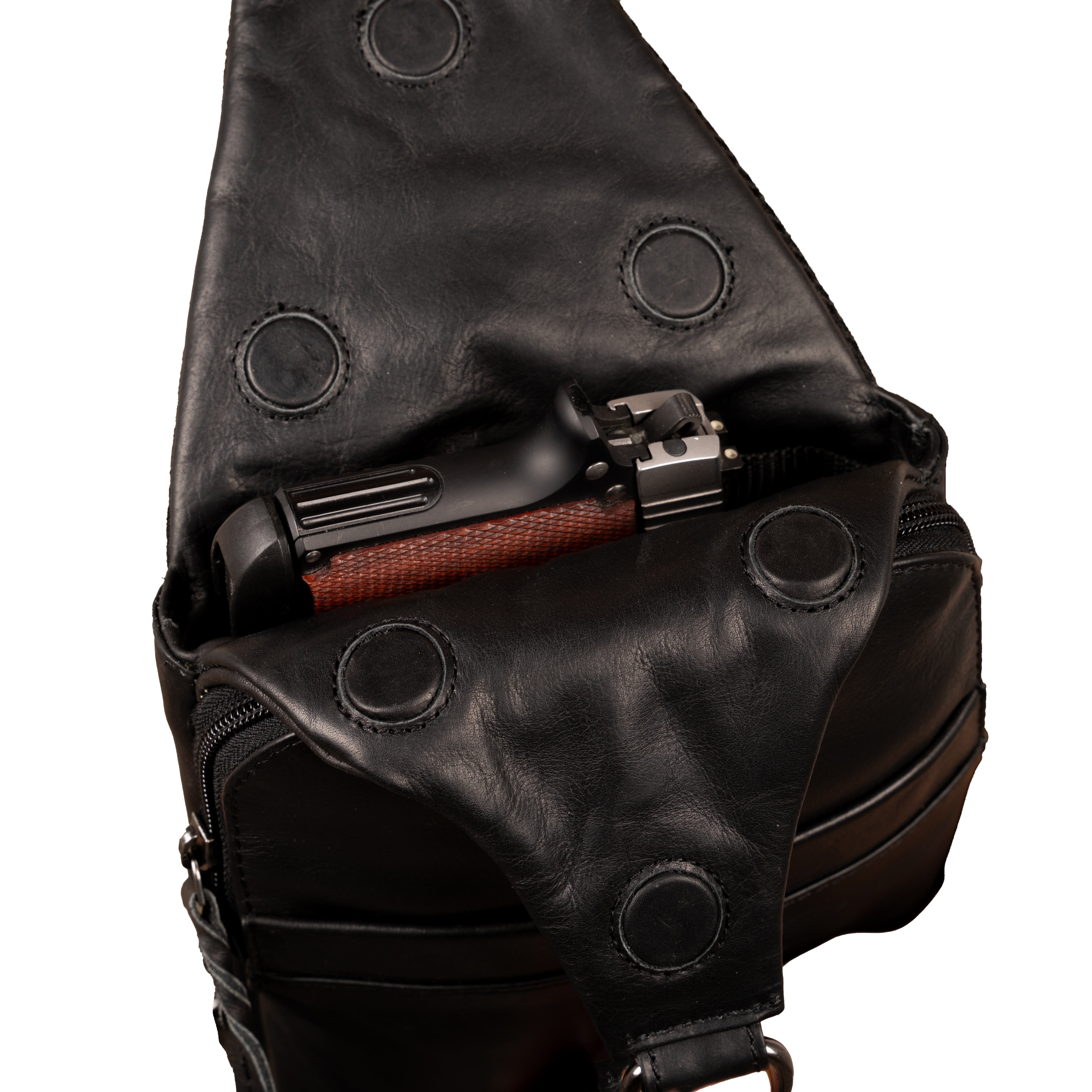 Concealed Carry Unisex Dakota Leather Sling by Lady Conceal - Magnetic Firearm Bag - Fast Draw CCW bag - Universal Holster Pistol Sling - Unisex Gun Leather Backpack - Anti-Theft Gun Bag with Locking Zippers