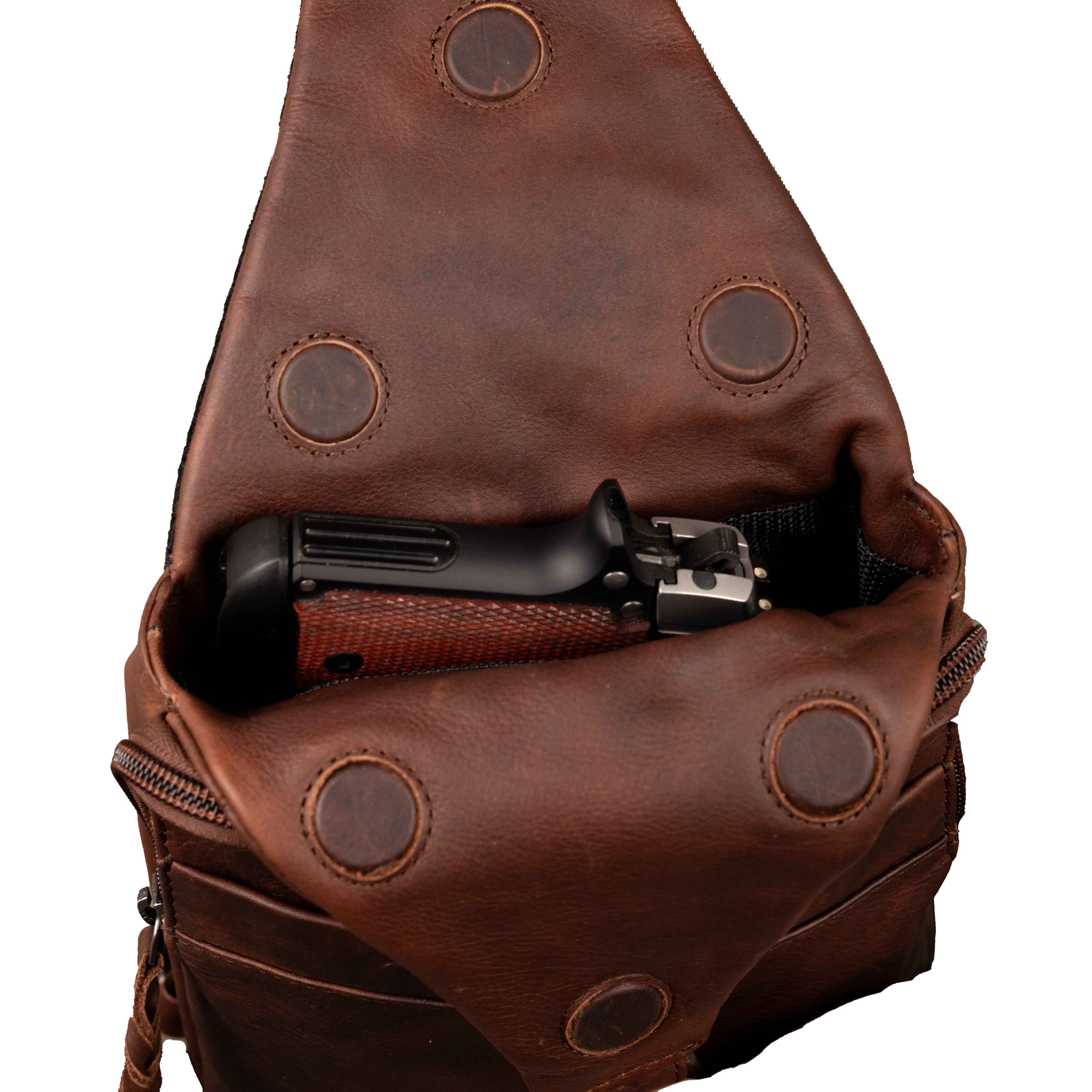 Concealed Carry Unisex Dakota Leather Sling by Lady Conceal - Magnetic Firearm Bag - Fast Draw CCW bag - Universal Holster Pistol Sling - Unisex Gun Leather Backpack