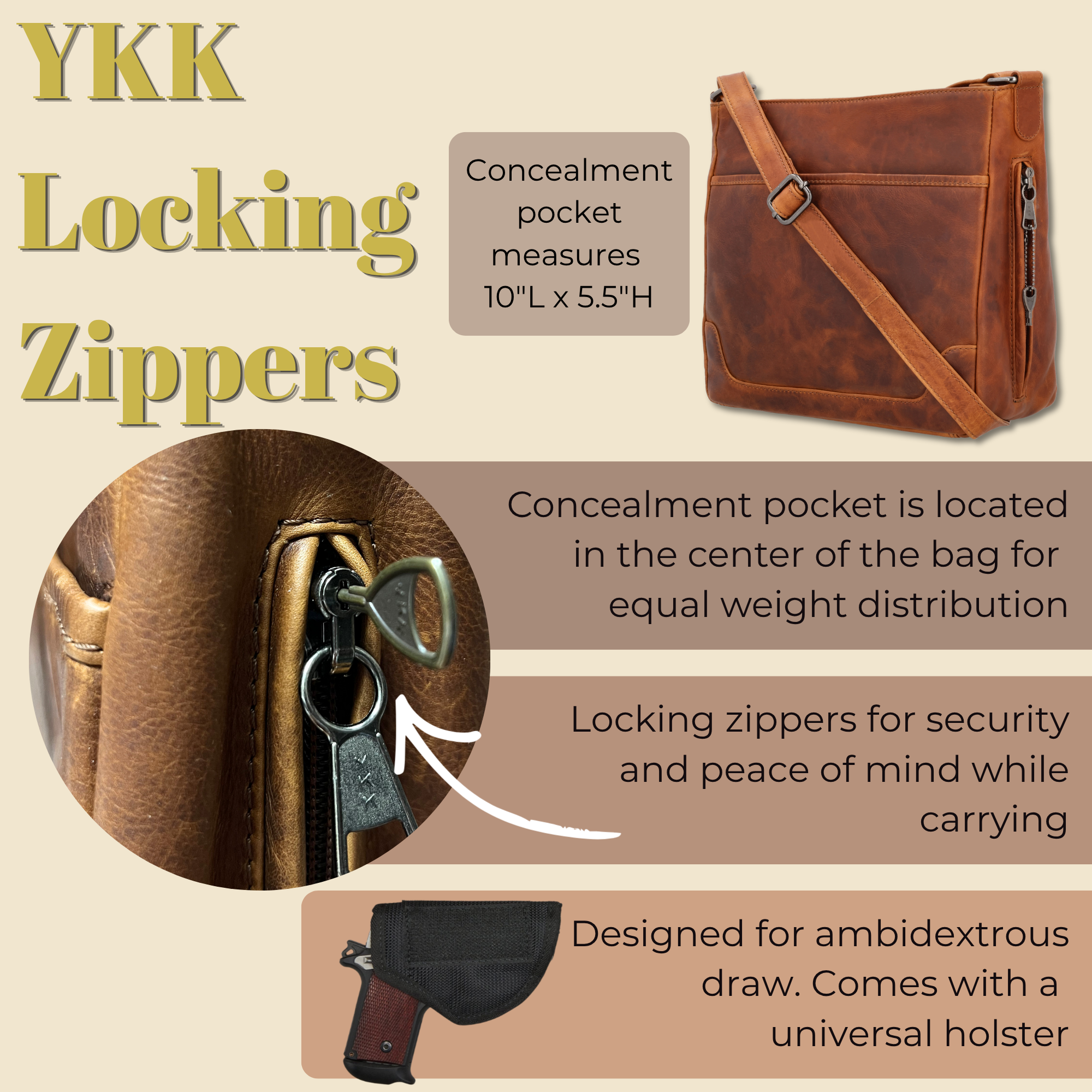 Concealed Carry Lydia Leather Crossbody - YKK Locking Zippers and Universal Holster - Soft Leather conceal and carry bag - Tactical womans purse for pistol - Concealed Carry Purse - most popular crossbody bag - crossbody handgun bag - crossbody bags for everyday use - Lady Conceal - Unique Hide Purse - Locking YKK Purse - Fanny Pack for Gun and Pistol - Easy CCW - Fast Draw Bag - Secure Gun Bag