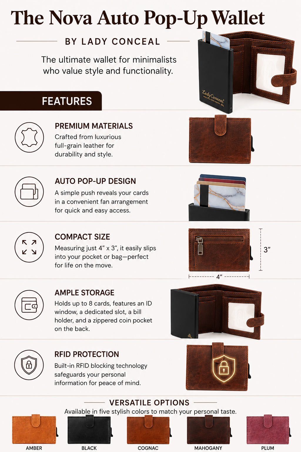 Nova RFID Compact Leather Wallet by Lady Conceal Anti Credit Card Theft RFID Protected - 100% Leather Unisex Wallet - Pop Up Wallet for Cards Bills Coins - Button Closing Wallet