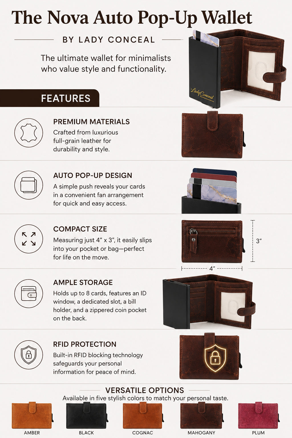 Nova RFID Compact Leather Wallet by Lady Conceal Anti Credit Card Theft RFID Protected - 100% Leather Unisex Wallet - Pop Up Wallet for Cards Bills Coins - Button Closing Wallet