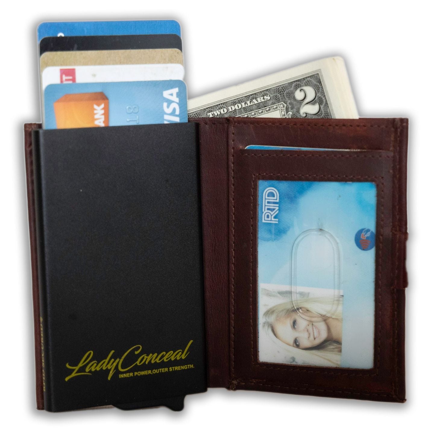 Nova RFID Compact Leather Wallet by Lady Conceal Anti Credit Card Theft RFID Protected - 100% Leather Unisex Wallet - Pop Up Wallet for Cards Bills Coins - Button Closing Wallet