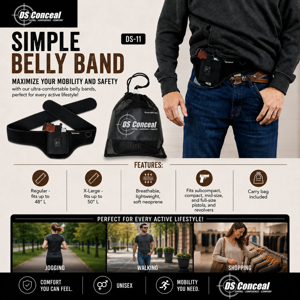Unisex Simple Belly Band by DS Conceal - Fast Draw Gun Holster for women and men Unisex - Unisex Simple Belly Band - DS Conceal Fast Draw Gun Holster - Leather Belly Band pistol bag - Tactical womans purse for pistol - Concealed Belly Band - most popular crossbody bag - crossbody handgun bag - crossbody bags for everyday use - Lady Conceal -