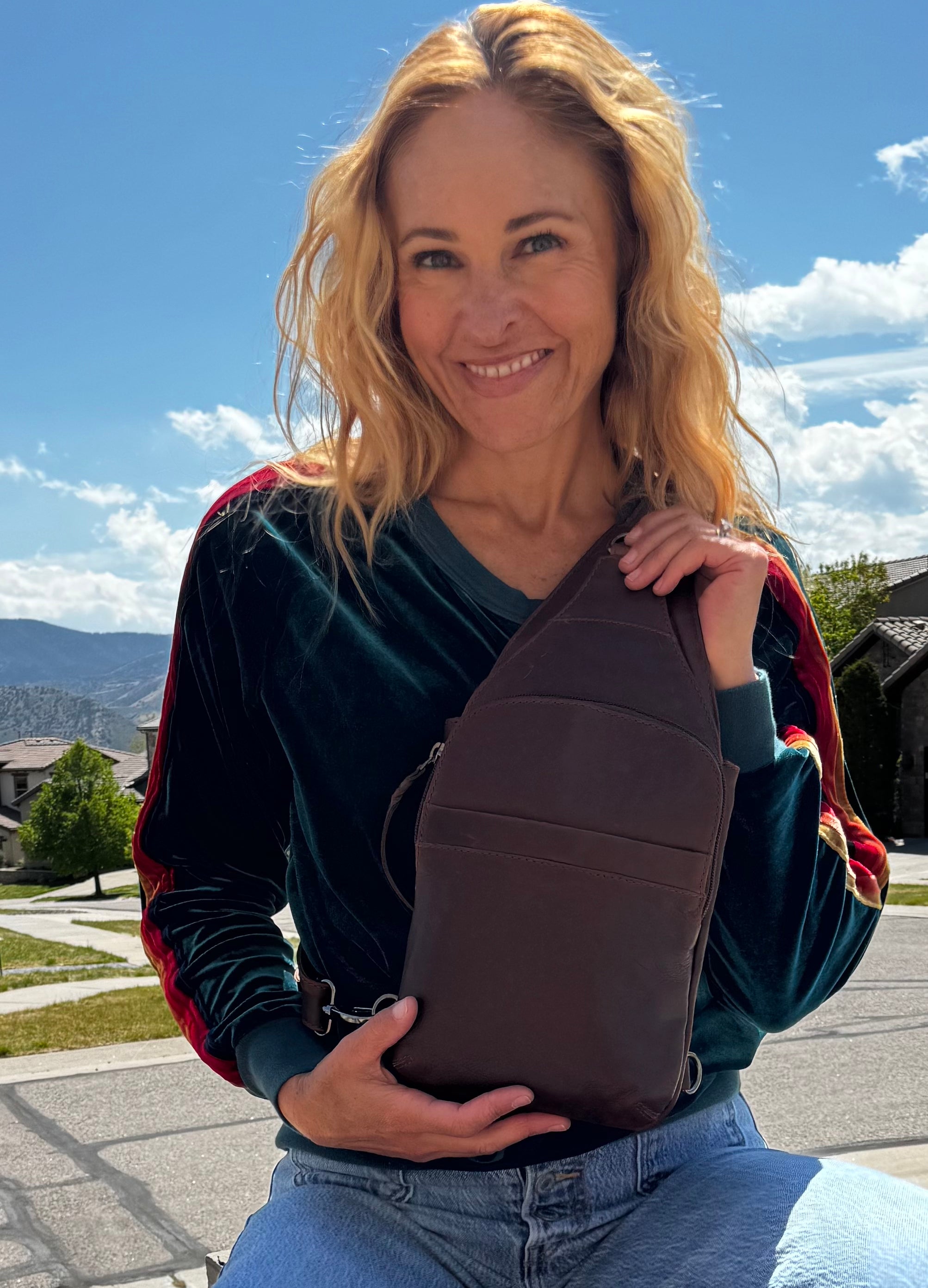 Concealed Carry Unisex Dakota Leather Sling by Lady Conceal - Magnetic Firearm Bag - Fast Draw CCW bag - Universal Holster Pistol Sling - Unisex Gun Leather Backpack - Anti-Theft Gun Bag with Locking Zippers
