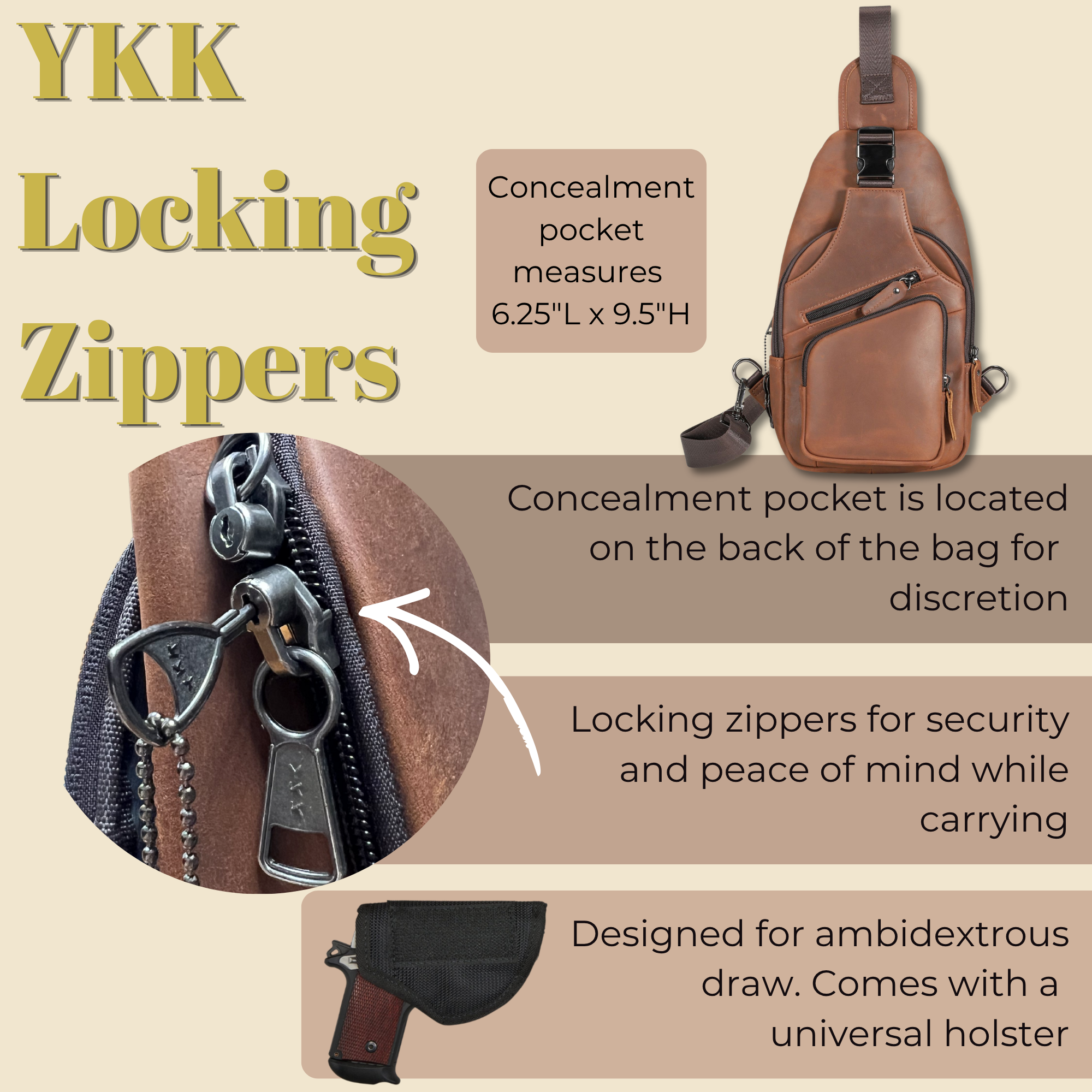 Concealed Carry Xander Leather Sling by DS Conceal — Unisex CCW Sling Bag with YKK Locking Zipper, Universal Holster & Rapid Draw Access