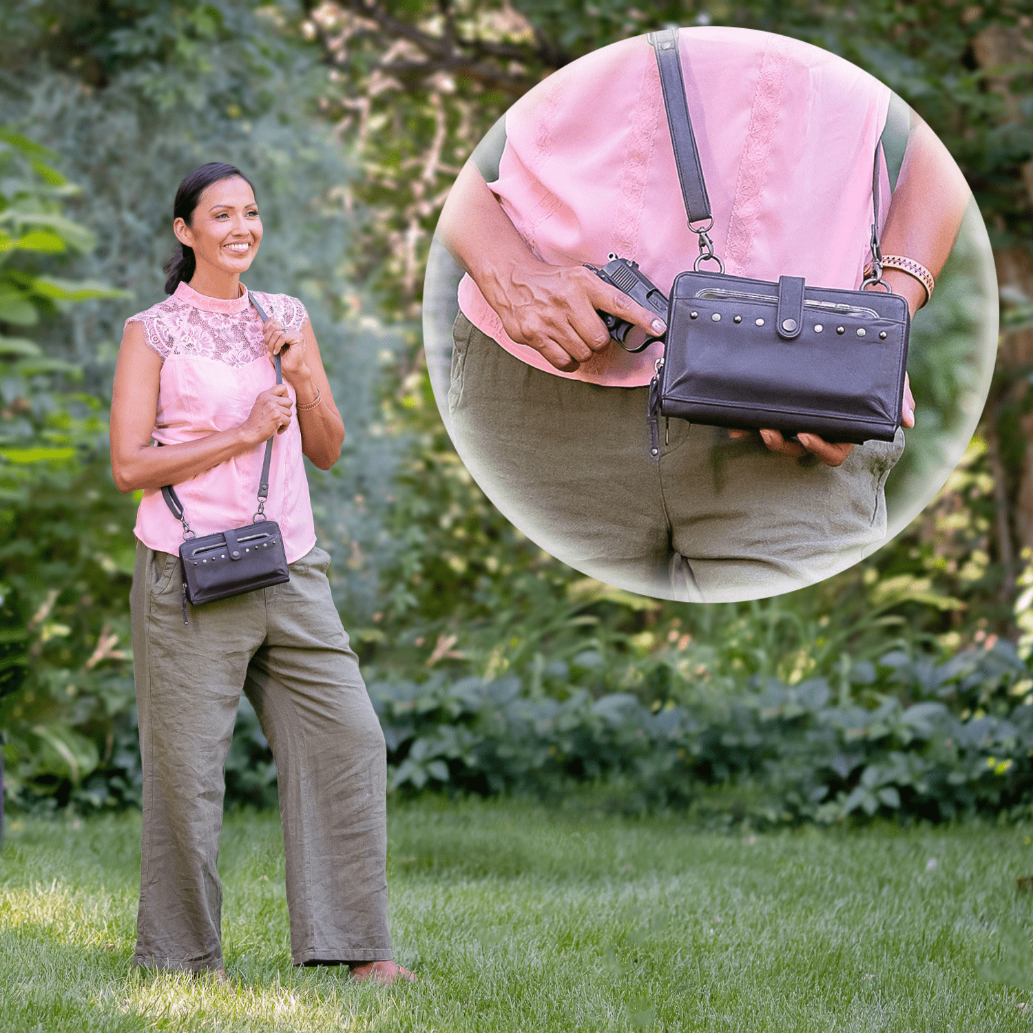 Concealed Carry Millie Leather Crossbody Organizer - YKK Locking with Universal Holster for Pistol - Lightweight Concealed Carry - CCW Pistol Bag - Women Conceal Carry - crossbody handgun bag - crossbody bags for everyday use - Lady Conceal - Unique Hide Purse - Locking YKK Purse - Fanny Pack for Gun and Pistol - Easy CCW - Fast Draw Bag - Secure Gun Bag