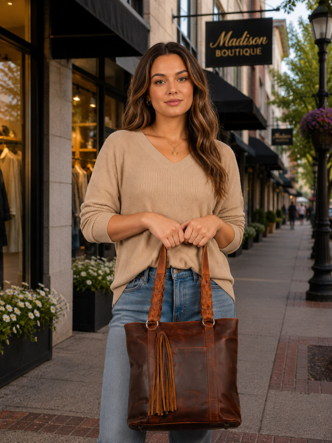 A woman wearing a beige long-sleeve top and light blue jeans carries a large brown leather tote bag with tassel fringe on a city sidewalk carrying The Bella Concealed Carry Tote  in Cognac
