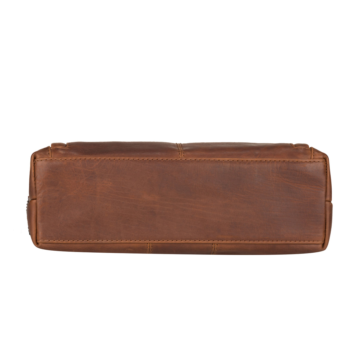 A brown leather rectangular pouch or case shown from the bottom, featuring visible stitching and a slightly distressed texture, isolated on a white background.