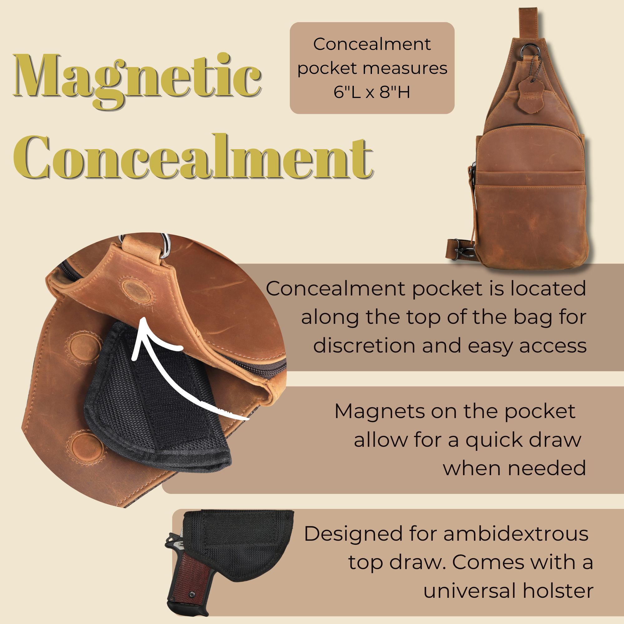 Concealed Carry Unisex Dakota Leather Sling by Lady Conceal - Magnetic Firearm Bag - Fast Draw CCW bag -  Universal Holster Pistol Sling - Unisex Gun Leather Backpack 