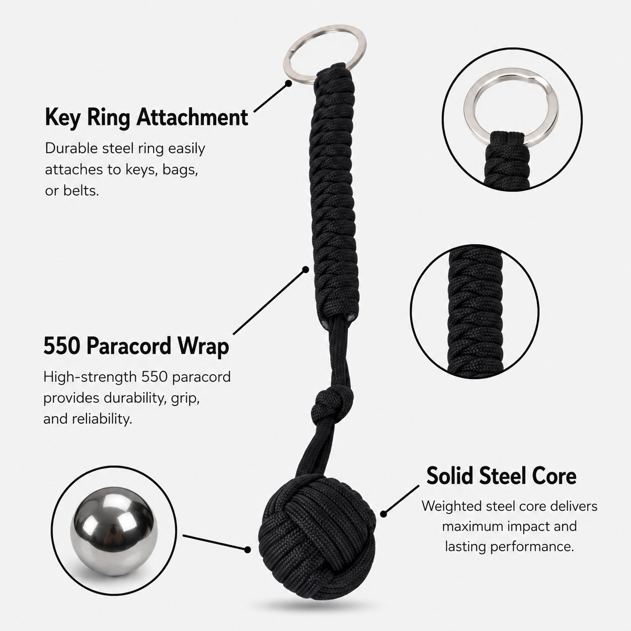 Tactical Paracord Monkey Fist Keychain for Self-Defense — Everyday Carry Personal Safety Keychain for Women