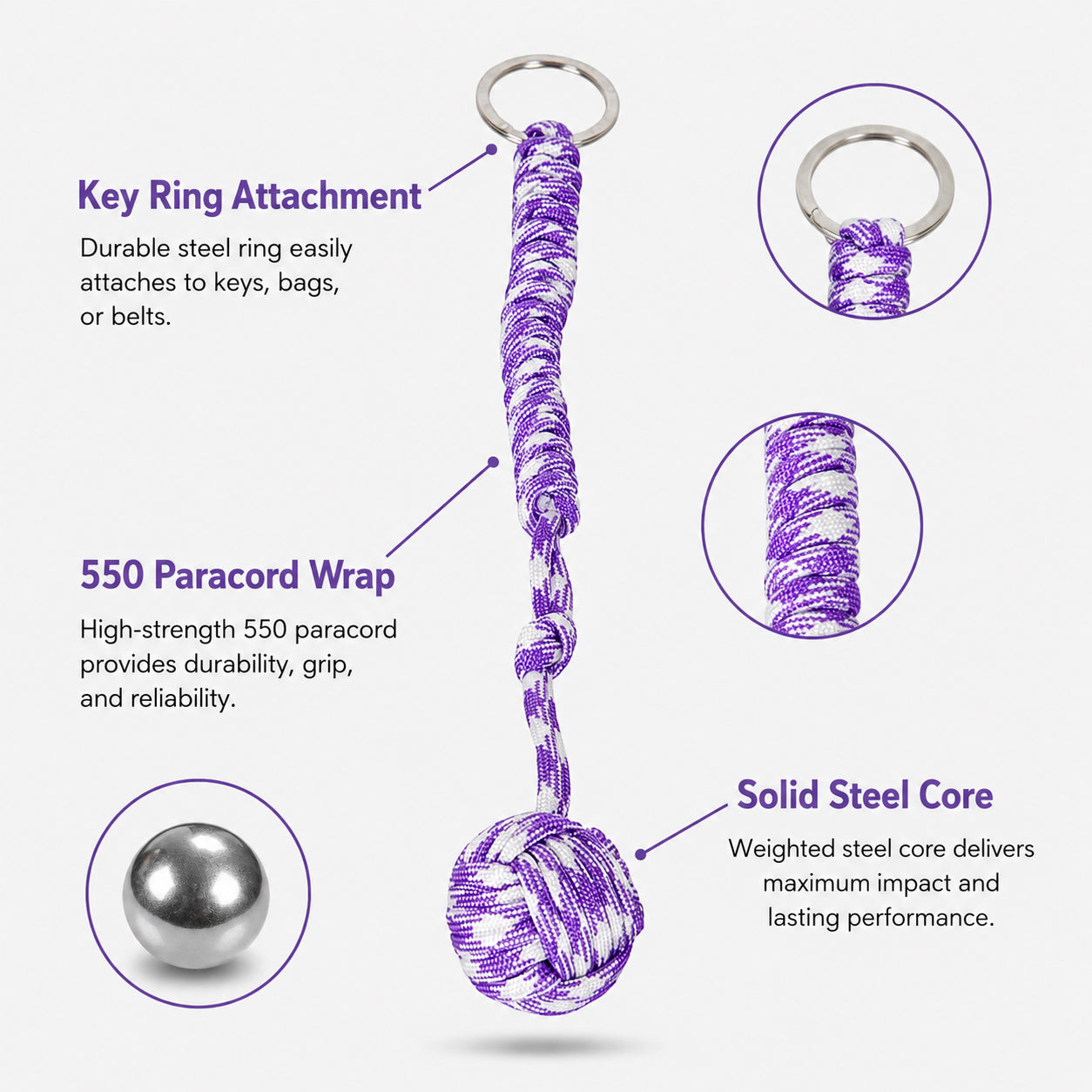 Tactical Paracord Monkey Fist Keychain for Self-Defense — Everyday Carry Personal Safety Keychain for Women