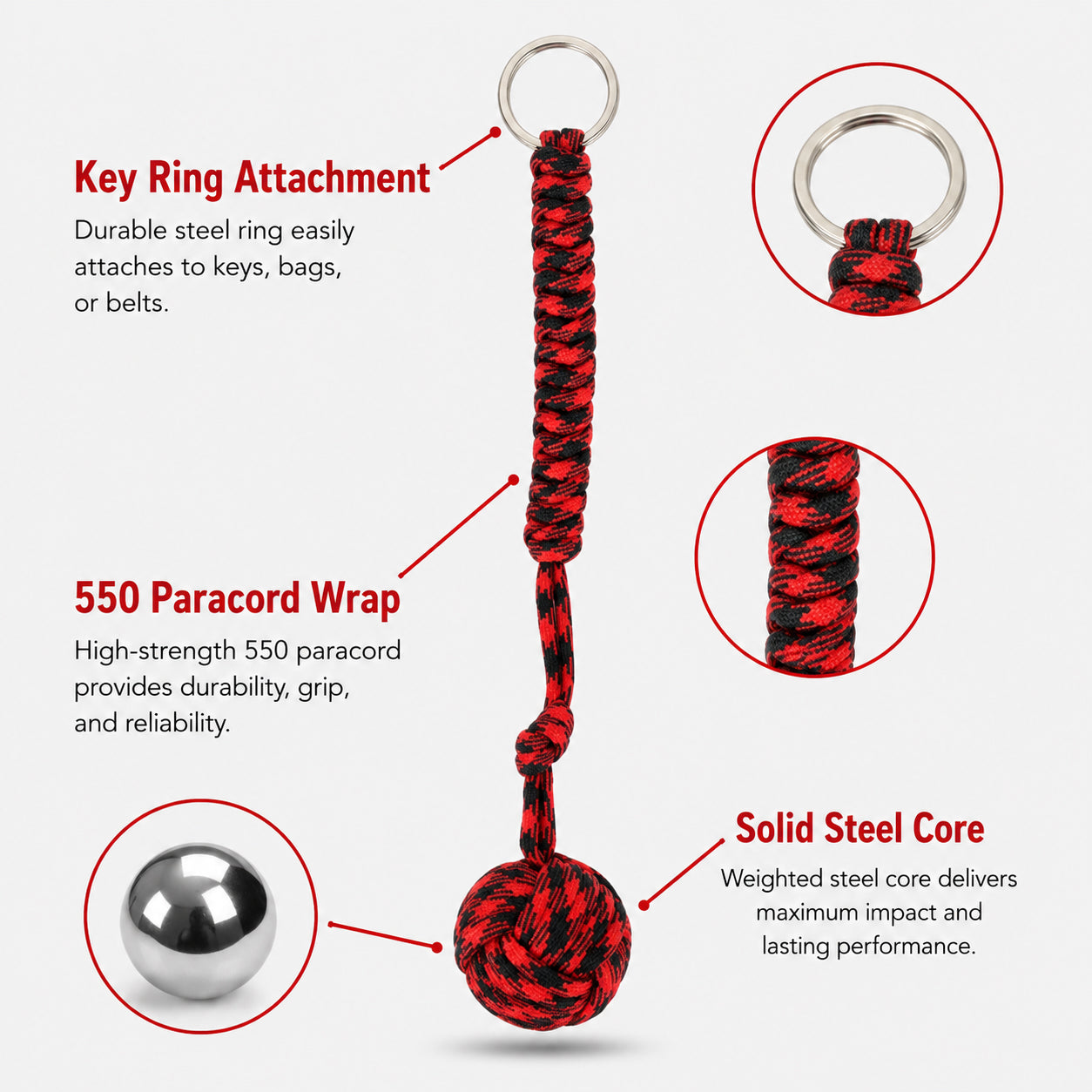 Tactical Paracord Monkey Fist Keychain for Self-Defense — Everyday Carry Personal Safety Keychain for Women