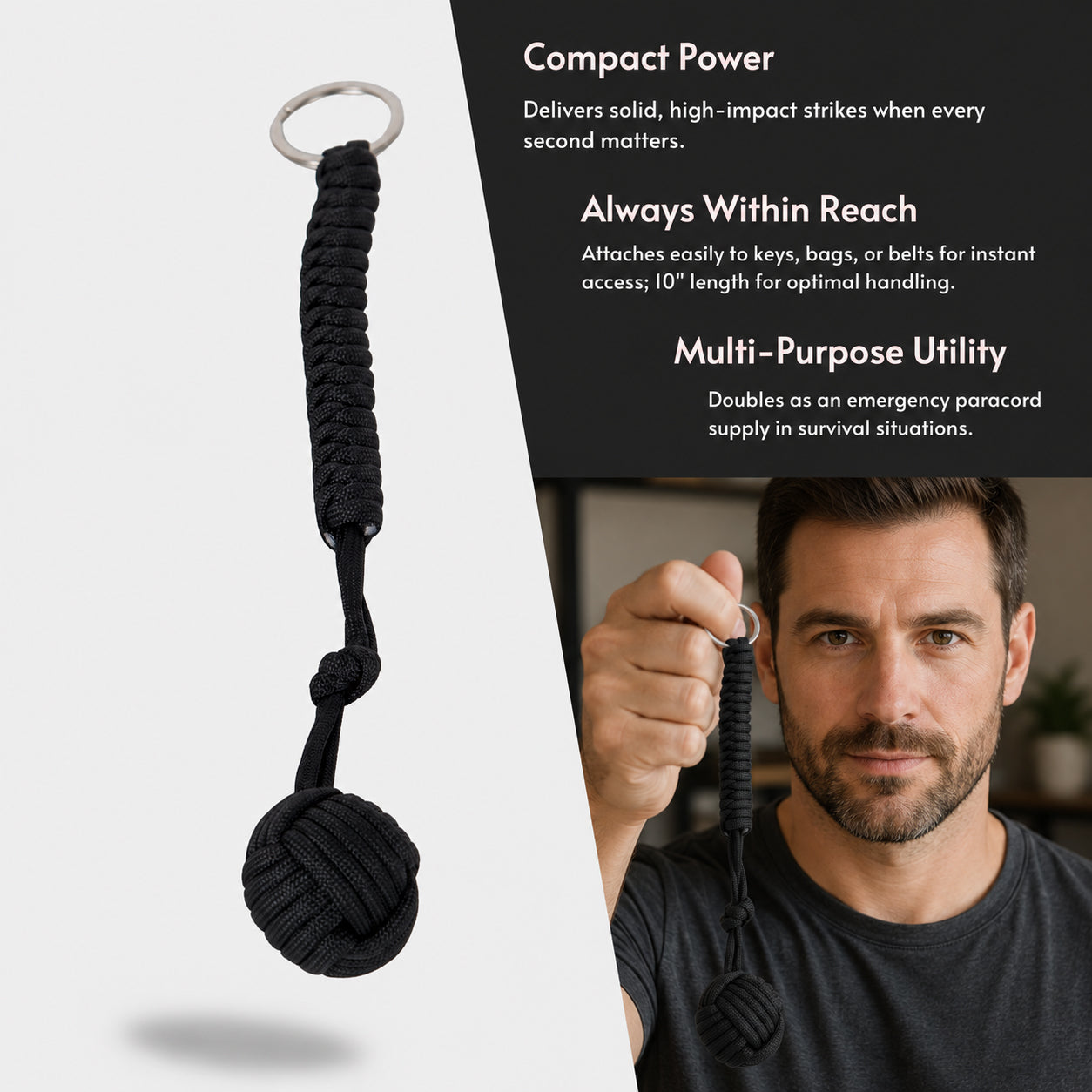 Tactical Paracord Monkey Fist Keychain for Self-Defense — Everyday Carry Personal Safety Keychain for Women