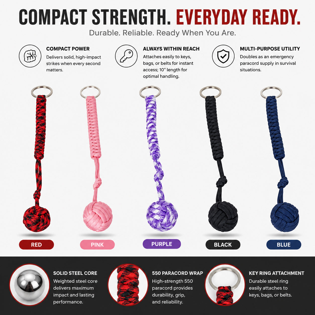 Tactical Paracord Monkey Fist Keychain for Self-Defense — Everyday Carry Personal Safety Keychain for Women
