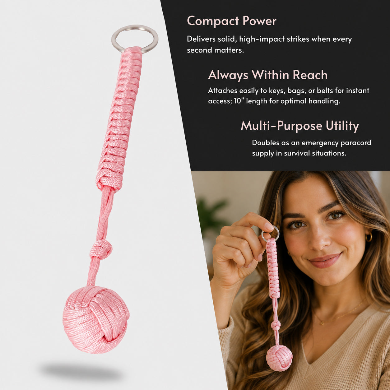Tactical Paracord Monkey Fist Keychain for Self-Defense — Everyday Carry Personal Safety Keychain for Women