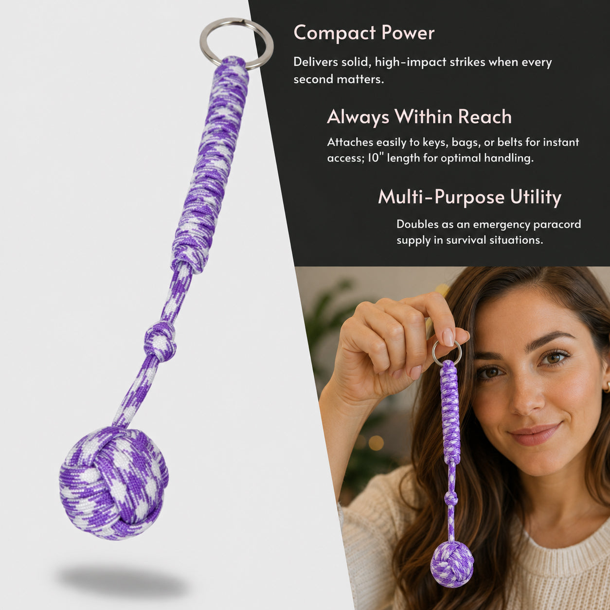 Tactical Paracord Monkey Fist Keychain for Self-Defense — Everyday Carry Personal Safety Keychain for Women