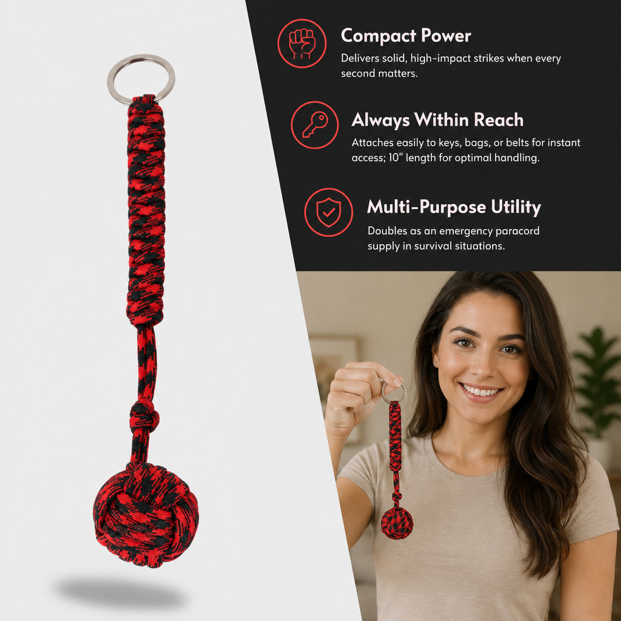 Tactical Paracord Monkey Fist Keychain for Self-Defense — Everyday Carry Personal Safety Keychain for Women