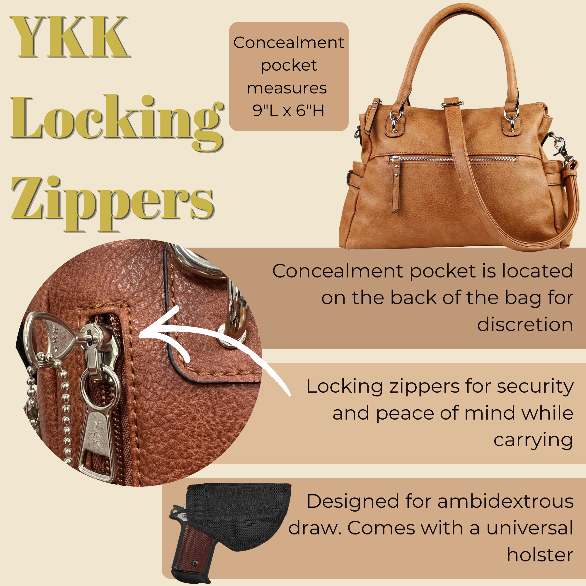 Concealed Carry Jessica Satchel by Lady Conceal — Women's Vegan Leather CCW Purse with Hidden Gun Compartment & YKK Locking Zipper