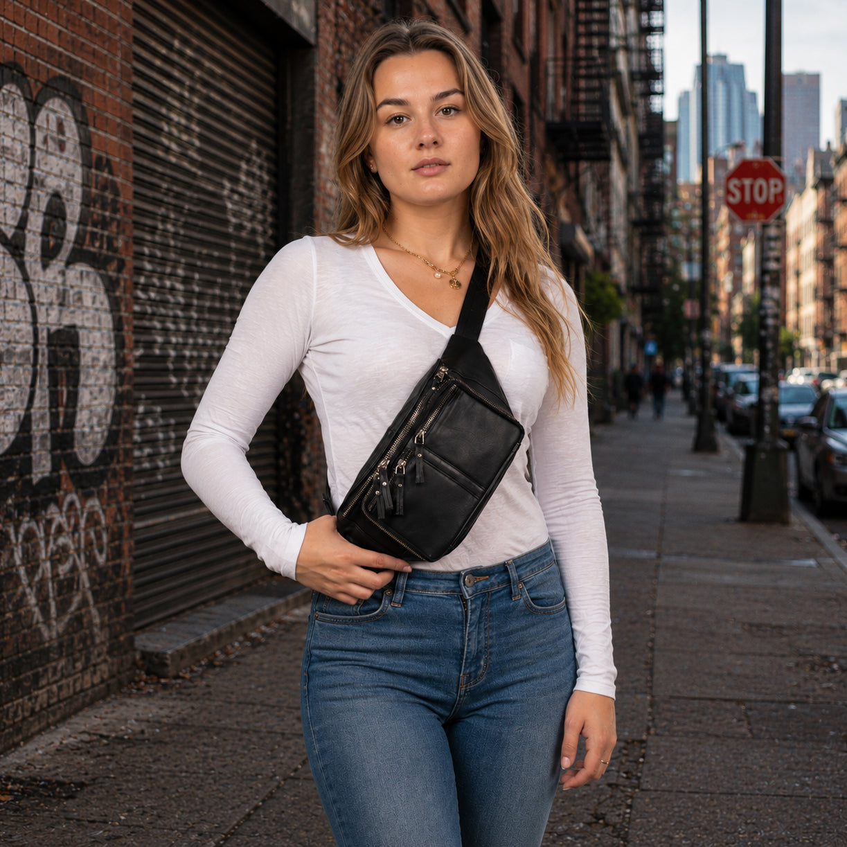 A woman wearing a white long-sleeve top and blue jeans stands on a city sidewalk, carrying a Unisex fanny pack Gun Leather Bag, Gun belt bag for men and women, Universal Holster Gun Bag, Concealed Carry Jessie Unisex Lambskin Belt Bag, DS Conceal, Outdoor Conceal Carry,  best gun carrying sling, best gun carrying fanny pack