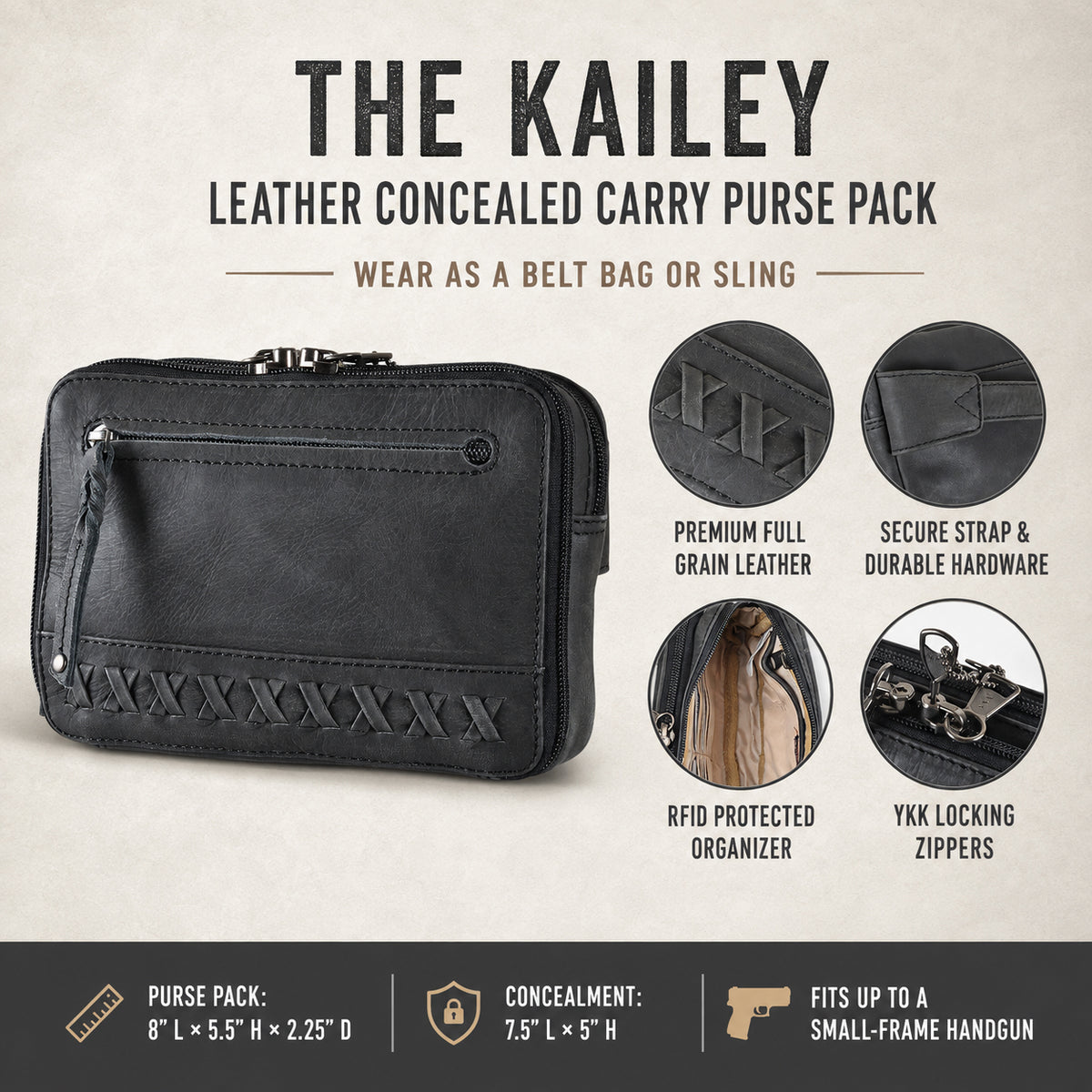 The Kailey Black Leather Concealed Carry Purse Pack