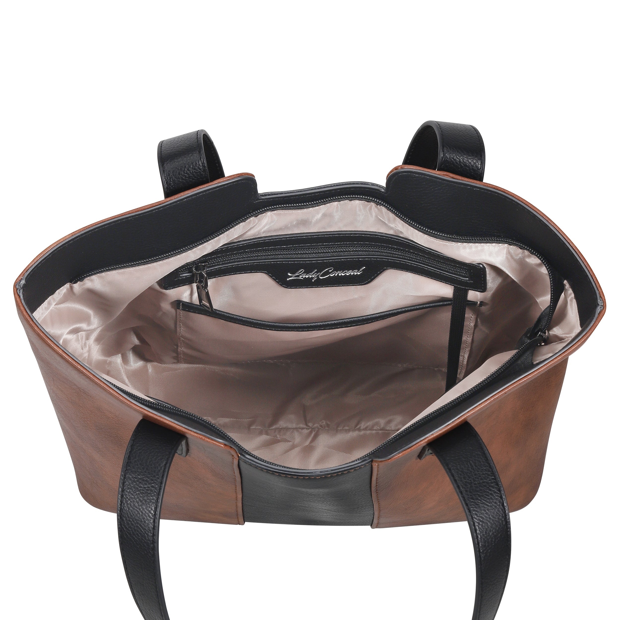 Lady Conceal Wrenly Tote with magnetic draw concealed pocket for firearm access