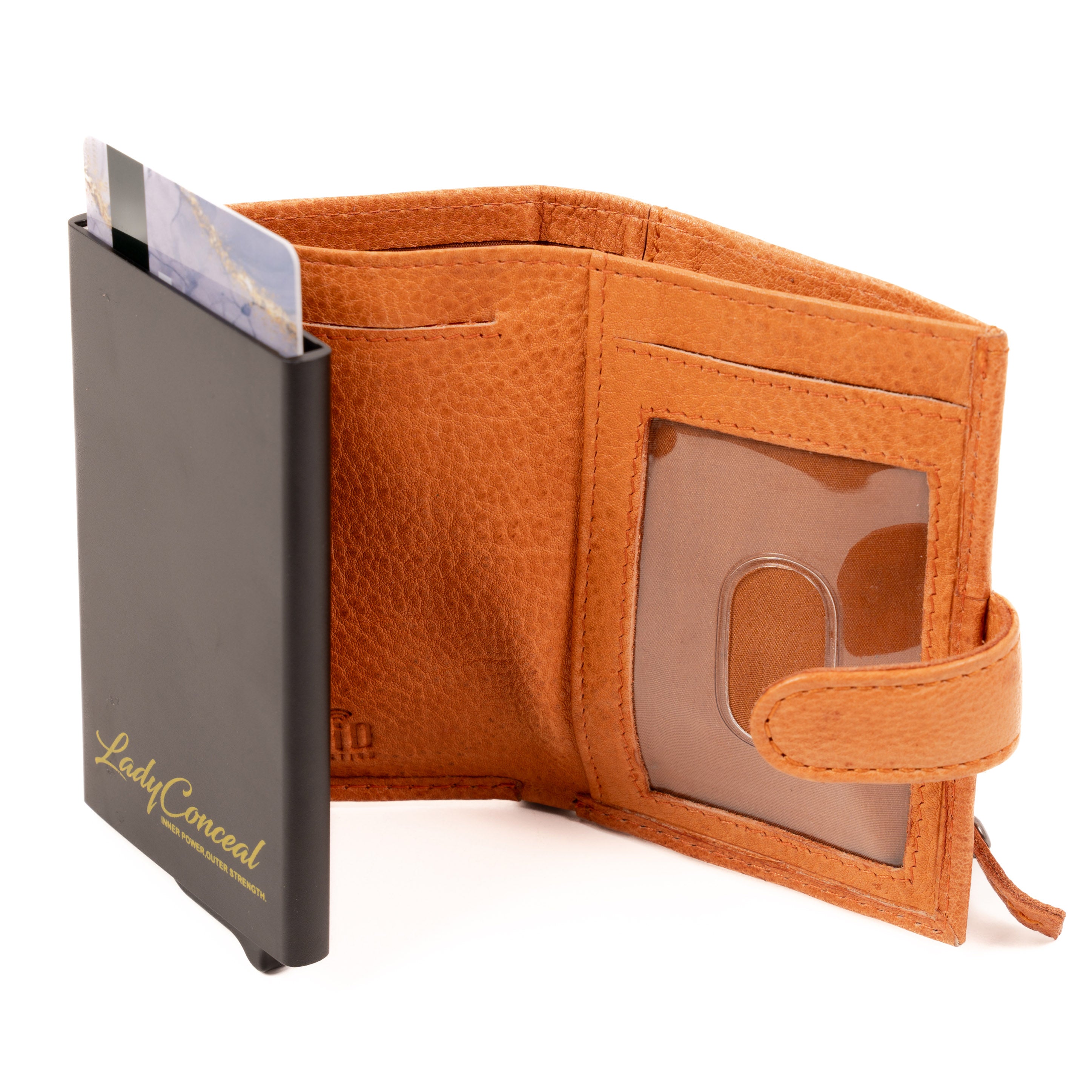 Nova RFID Compact Leather Wallet by Lady Conceal Anti Credit Card Theft RFID Protected - 100% Leather Unisex Wallet - Pop Up Wallet for Cards Bills Coins - Button Closing Wallet