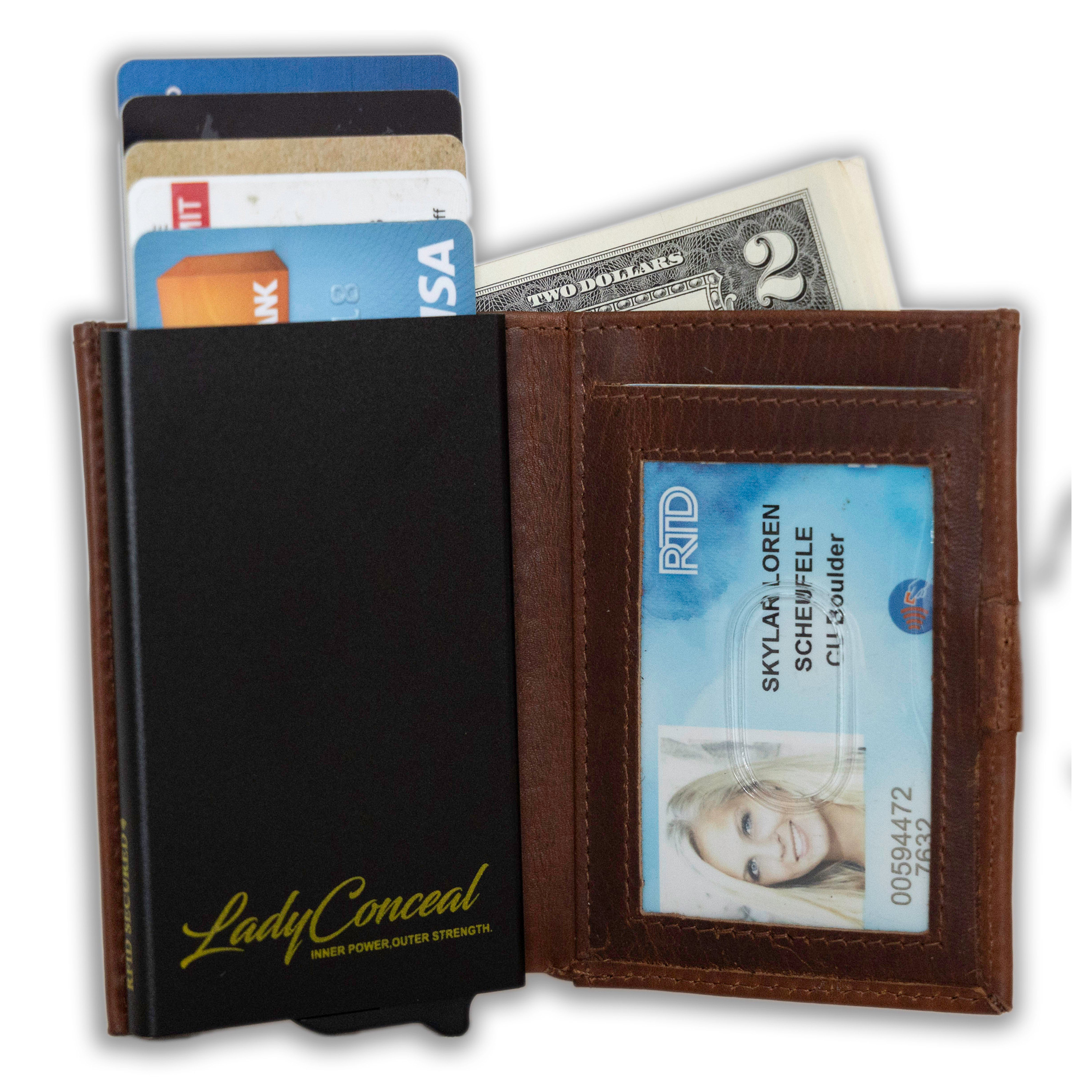 Nova RFID Compact Leather Wallet by Lady Conceal Anti Credit Card Theft RFID Protected - 100% Leather Unisex Wallet - Pop Up Wallet for Cards Bills Coins - Button Closing Wallet