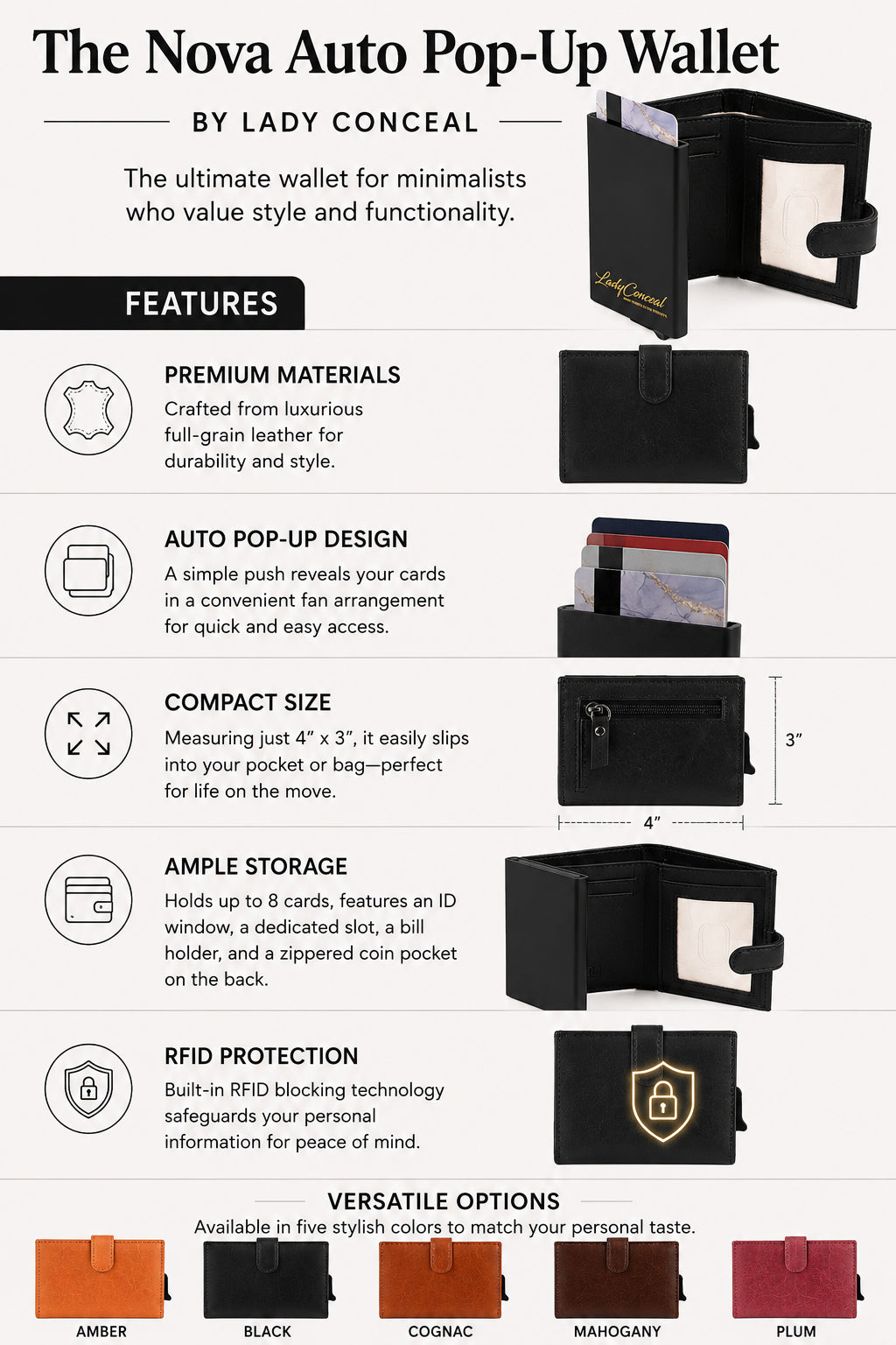 Nova RFID Compact Leather Wallet by Lady Conceal Anti Credit Card Theft RFID Protected - 100% Leather Unisex Wallet - Pop Up Wallet for Cards Bills Coins - Button Closing Wallet