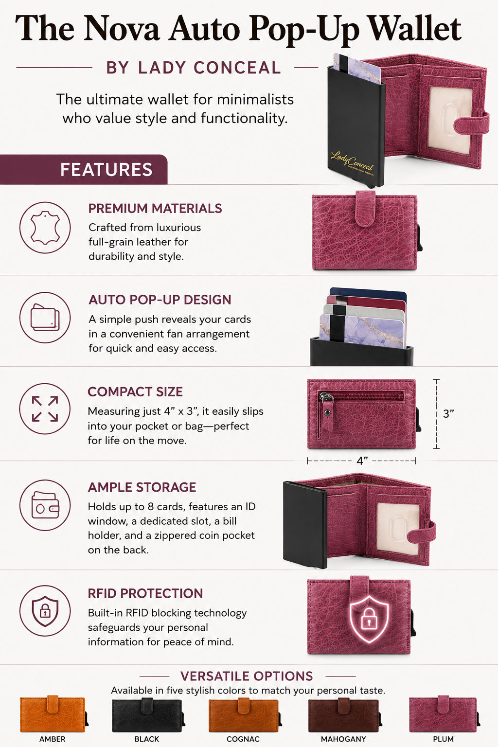 Nova RFID Compact Leather Wallet by Lady Conceal Anti Credit Card Theft RFID Protected - 100% Leather Unisex Wallet - Pop Up Wallet for Cards Bills Coins - Button Closing Wallet